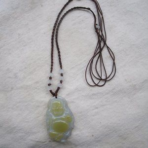 Hand Carved Green Jade Hotei Buddha Necklace